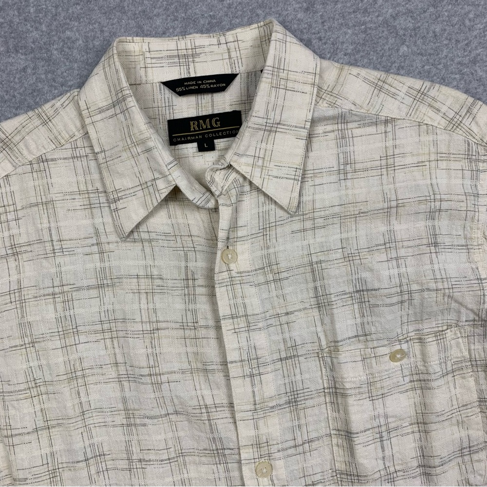 RMG Chairman Collection Shirt Mens Large Linen Blend‎ Geometric Plaid Beige